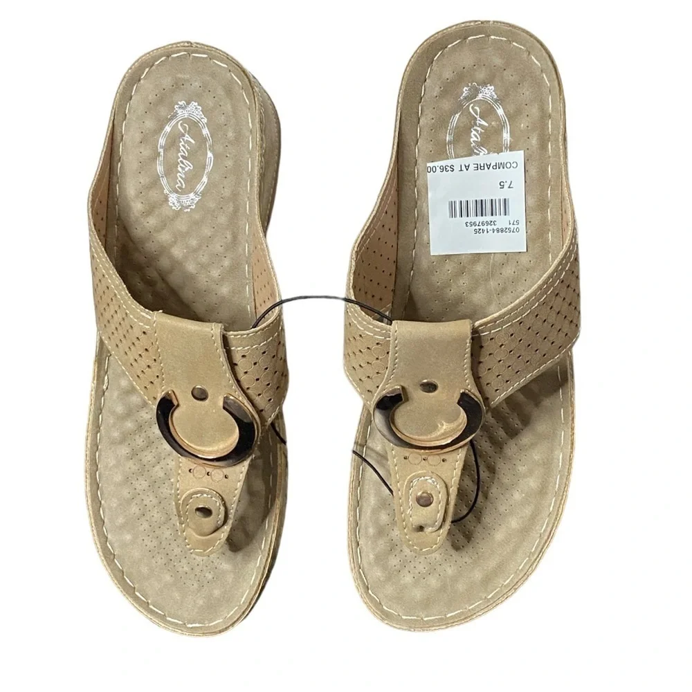 Atalira Women Tan‎ Perforated Thong Wedge Sandals Gold Buckle DWK0241 Size 7.5